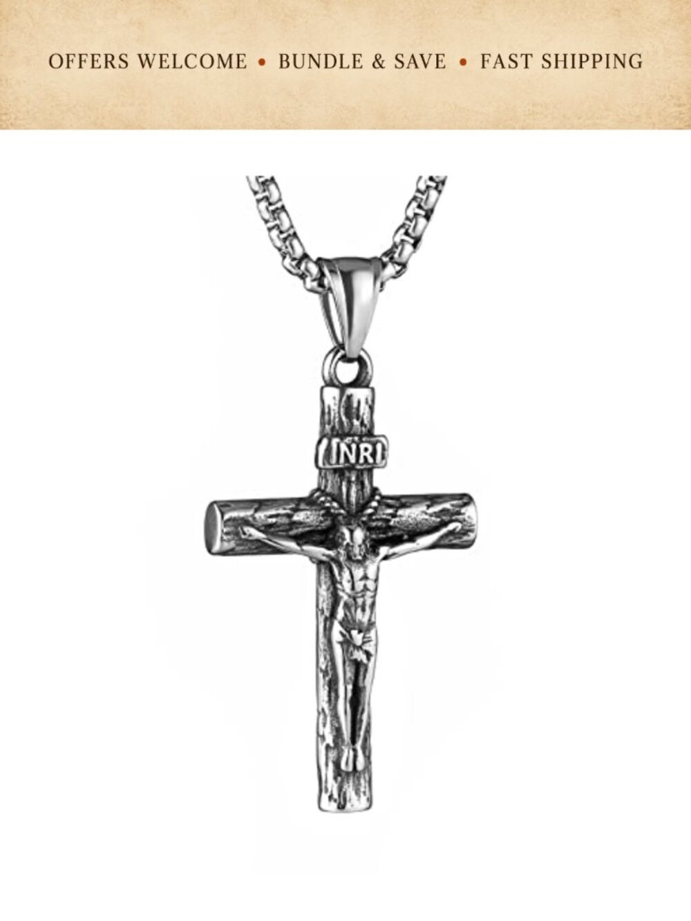 Stainless Steel Jesus Crucifix Cross Necklace INRI Pendant 24in Chain Religious